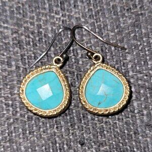 Never Used Pair Of Turquoise Stone With Gold Rope Frame Earrings Fish Hook